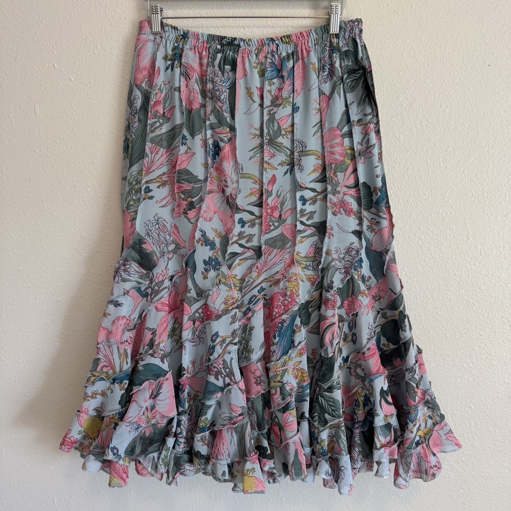 NWT Dimri Blue Floral Tiered Ruffle Midi Skirt Boho Whimsigoth Coquette Size L